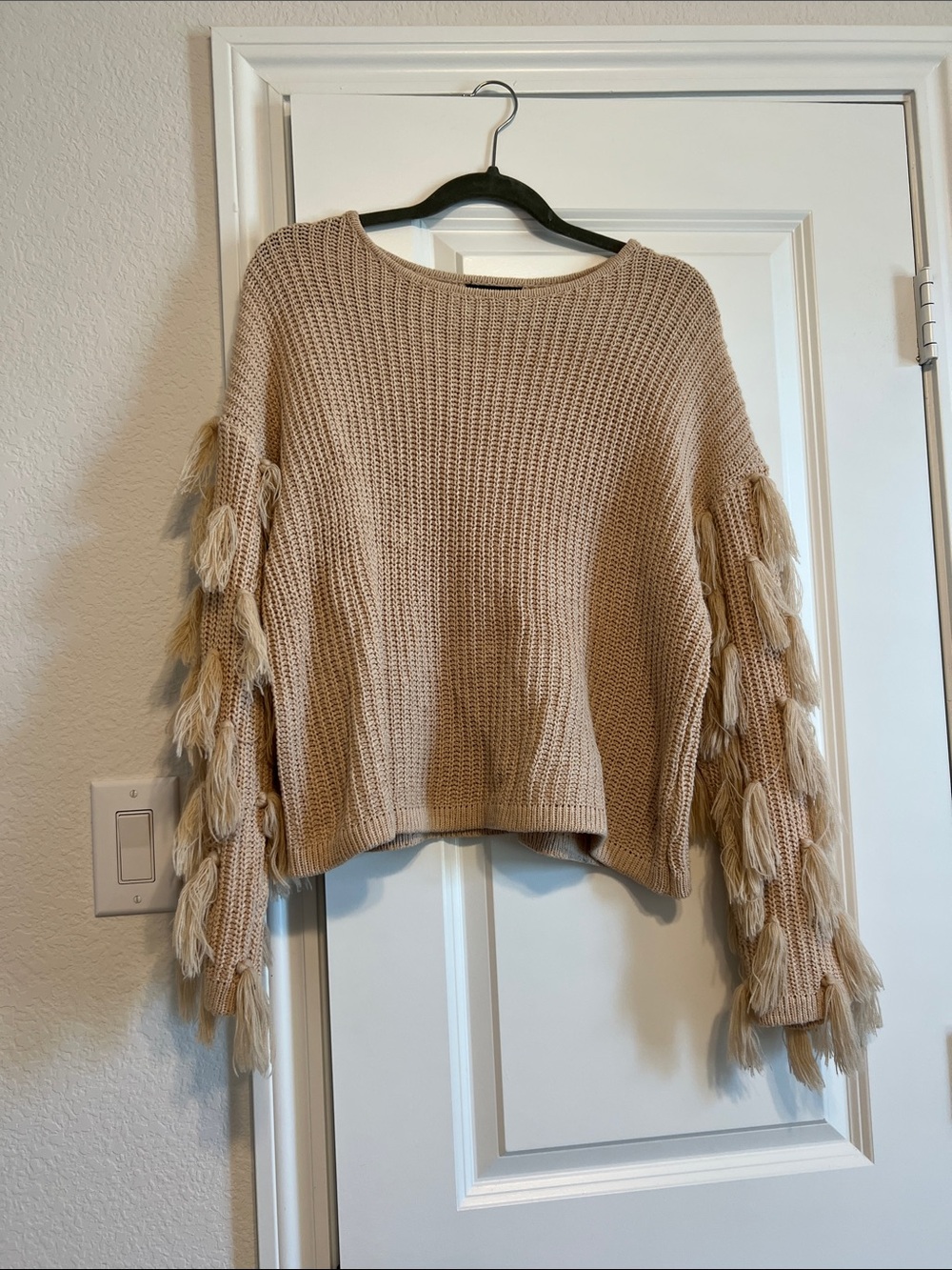 SHEIN Taupe Fringe Sleeve Crew Neck Sweater